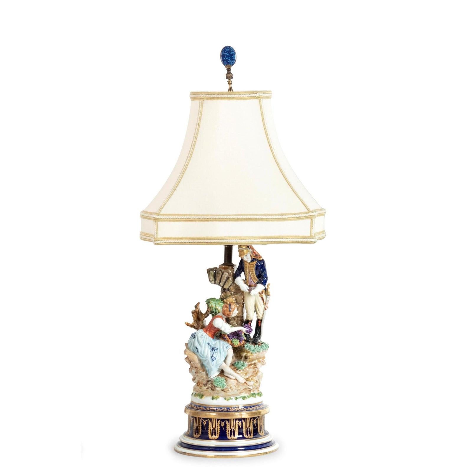 European Antique Capodimonte Porcelain Figural Group Designer Lamp, Early 19th Century For Sale