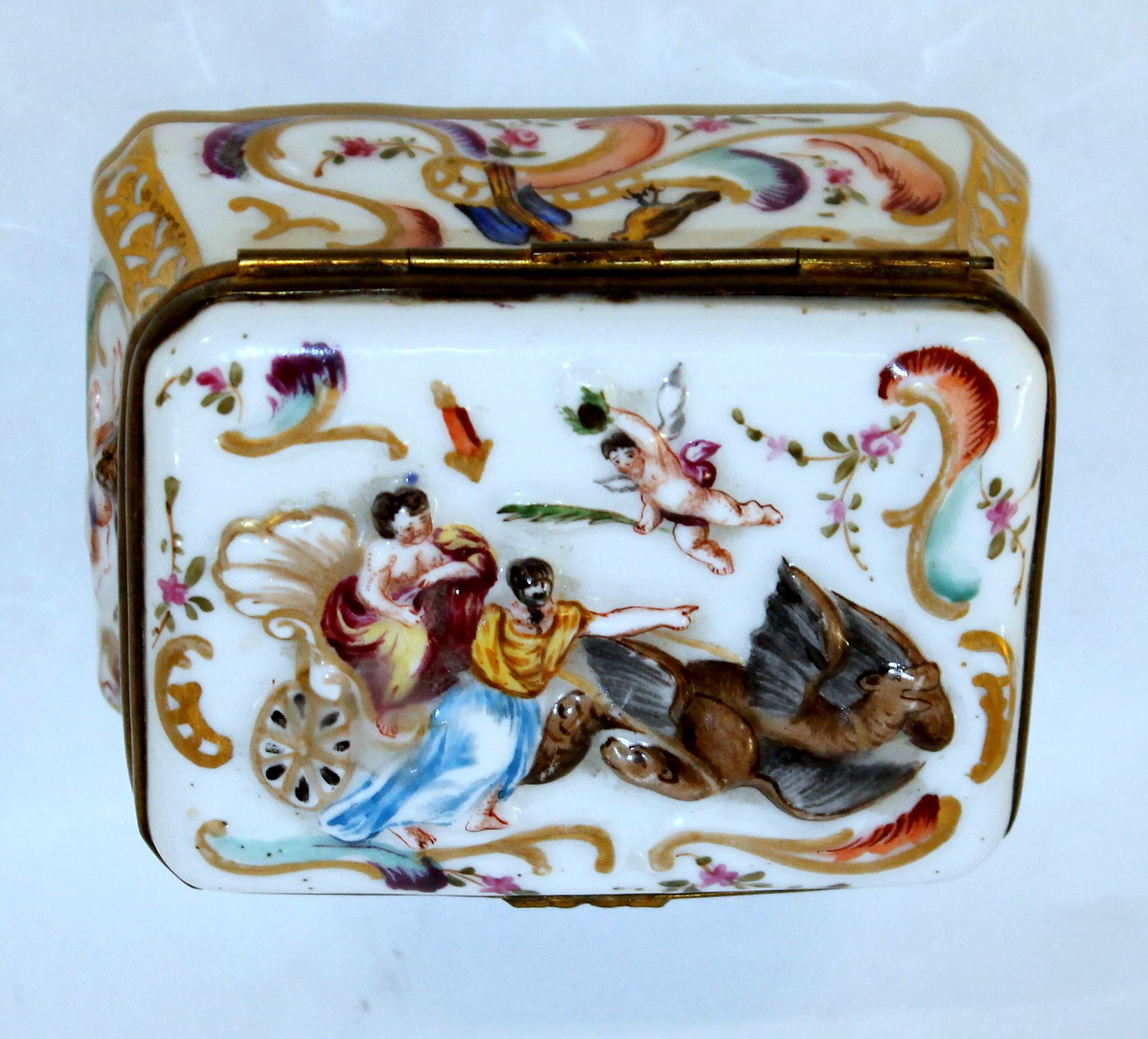 19th Century Antique Capodimonte-Type Hand Painted Bas Relief Hinged Box For Sale
