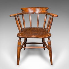 Antique Captain’s Bow Chair, English, Beech, Elm, Home Office, Seat, Victorian