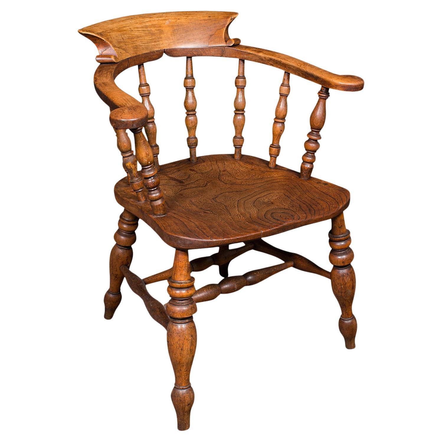 Antique Captain's Chair, English Elm, Beech, Smoker's Bow, Elbow Seat, Victorian