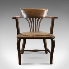 Antique Captain's Chair, English, Oak, Bow-Back, Leather, Smokers circa 1910
