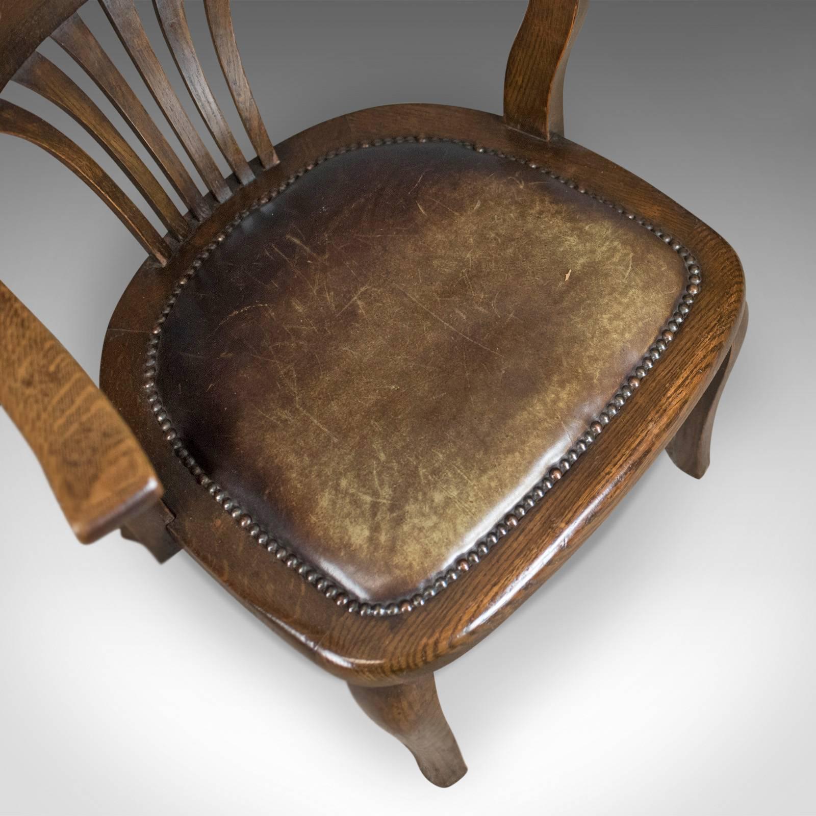 20th Century Antique Captain's Chair, English, Oak, Bow-Back, Leather, Smokers circa 1910