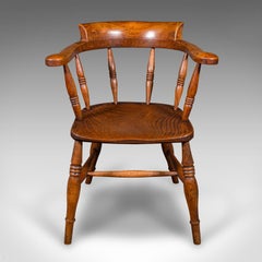 Antique Captain's Desk Chair, English, Elm, Smoker's Bow, Elbow Seat, Victorian