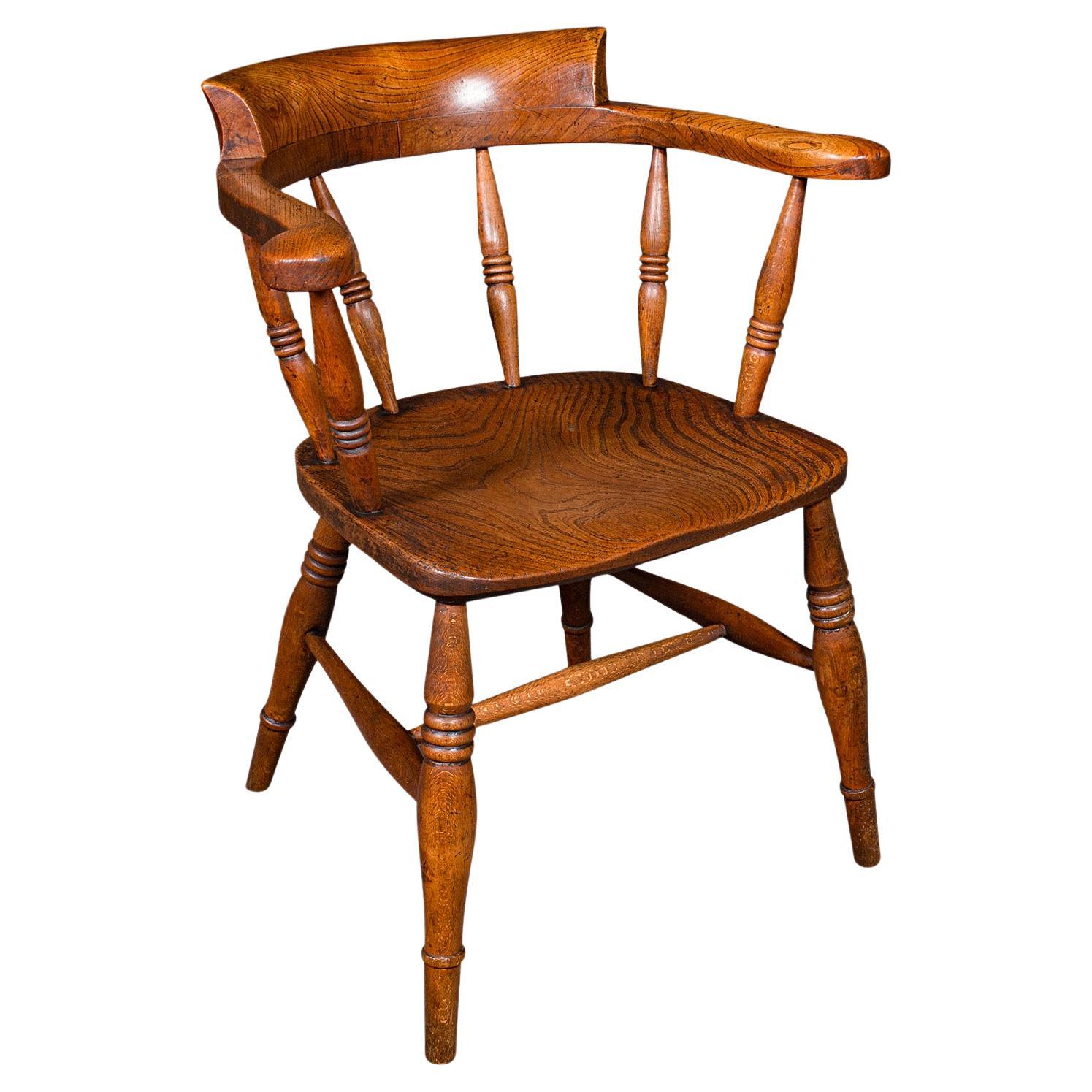 Antique Captain's Desk Chair, English, Elm, Smoker's Bow, Elbow Seat, Victorian