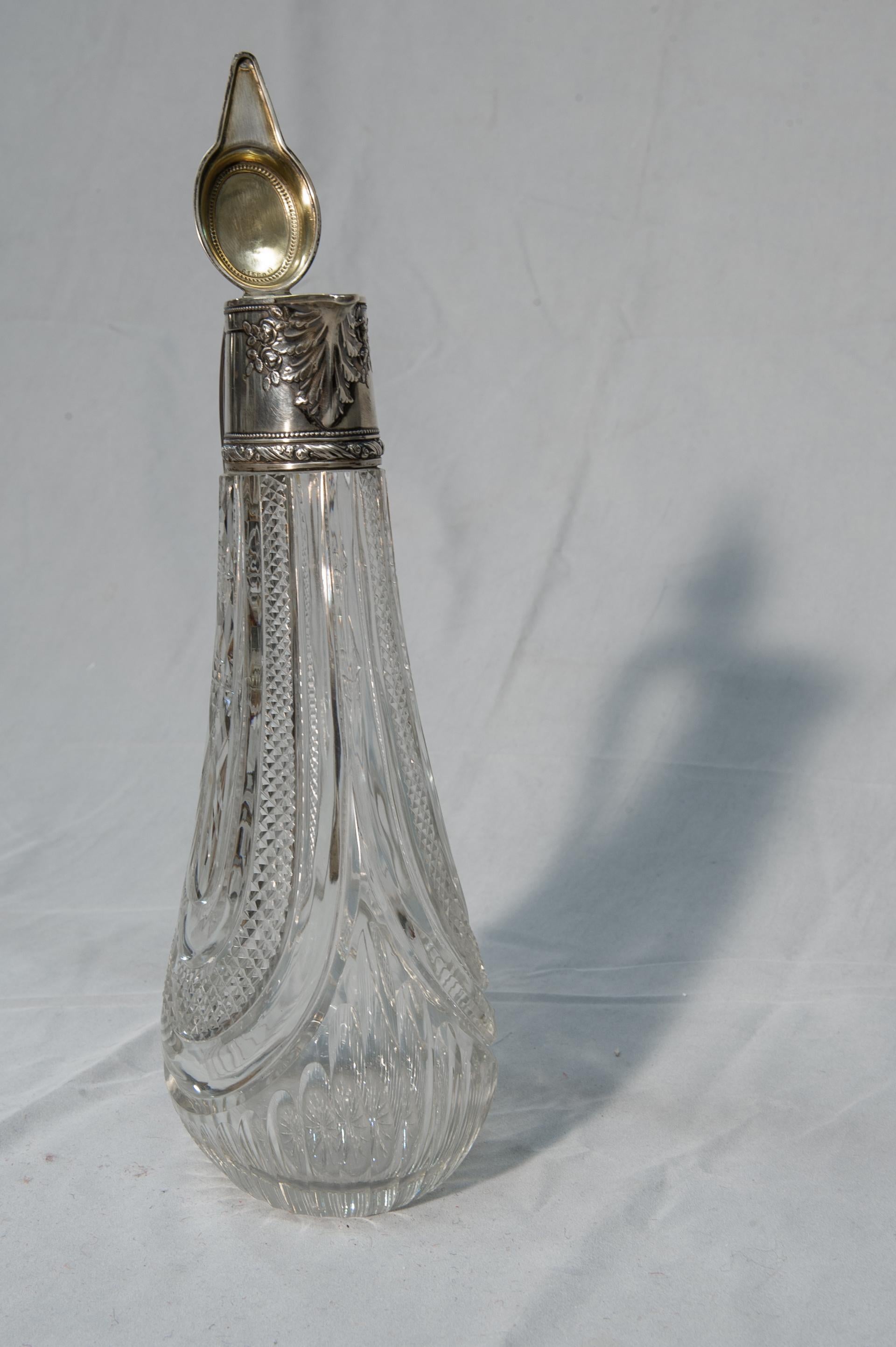 Aesthetic Movement Antique Carafe in Engraved Crystal and Silver For Sale