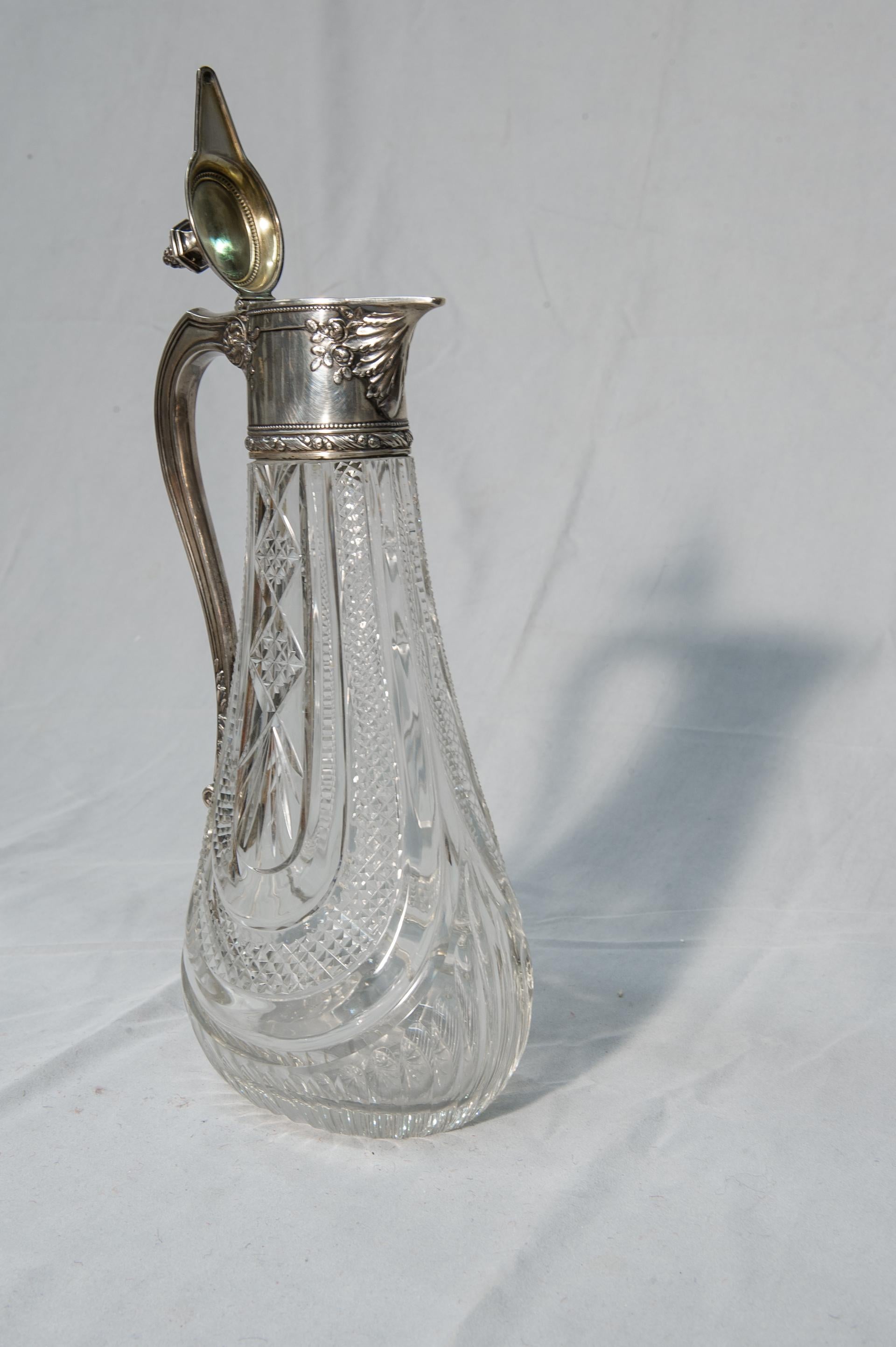 French Antique Carafe in Engraved Crystal and Silver For Sale