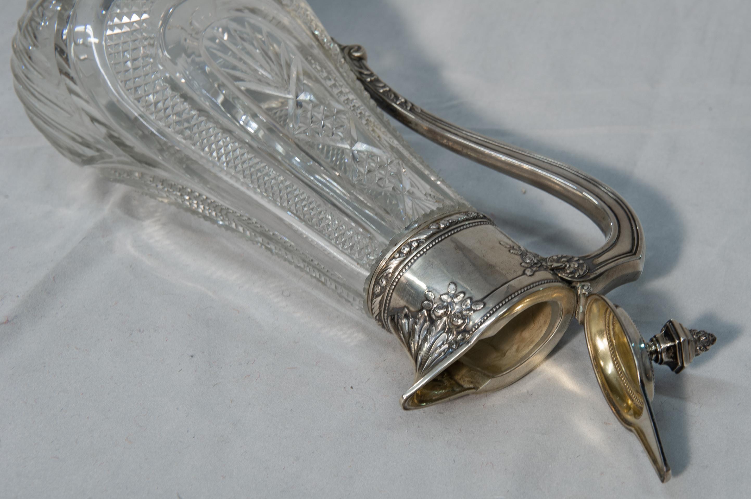 20th Century Antique Carafe in Engraved Crystal and Silver For Sale