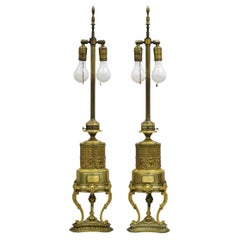 Antique Carcel Paris French Renaissance Gold Gilt Bronze Oil Table Lamp - a Pair