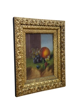 Antique Carducius Ream Peach Grapes Flowers Still Life Oil Painting on Board 15"