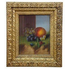 Antique Carducius Ream Peach Grapes Flowers Still Life Oil Painting on Board 15"