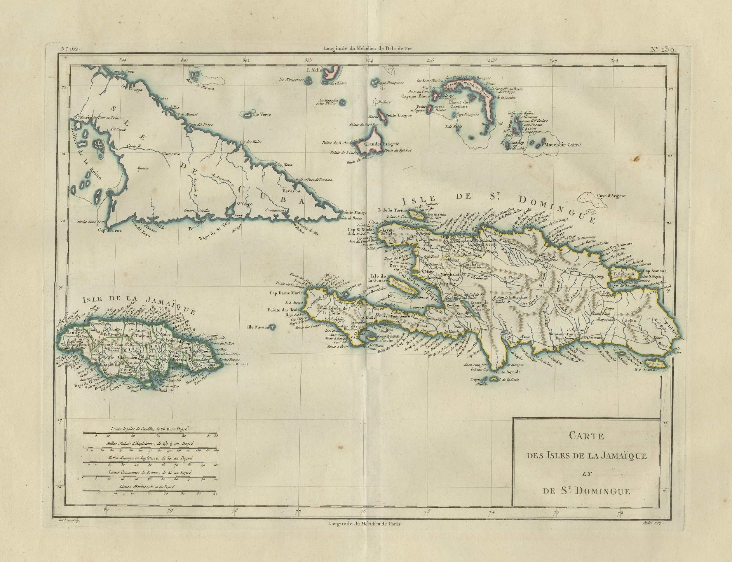 Antique Caribbean Map, Jamaica Cuba Saint-Domingue, Tardieu, c.1775