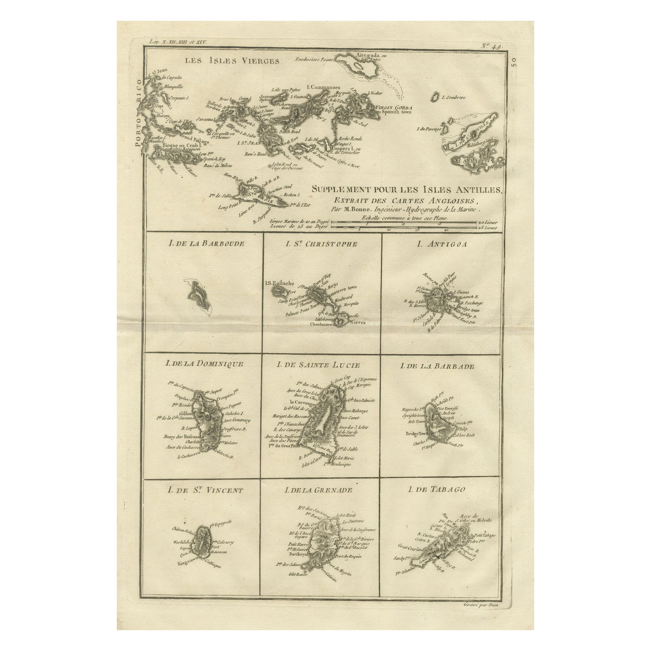 Antique Caribbean Map — Virgin Islands and Antilles Atlas Sheet, Bonne c.1780