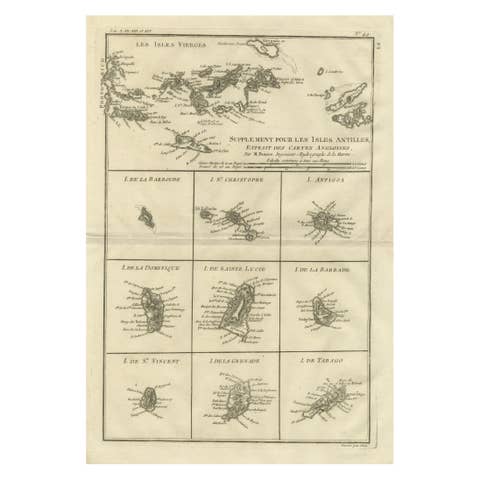 Antique Caribbean Map — Virgin Islands and Antilles Atlas Sheet, Bonne c.1780