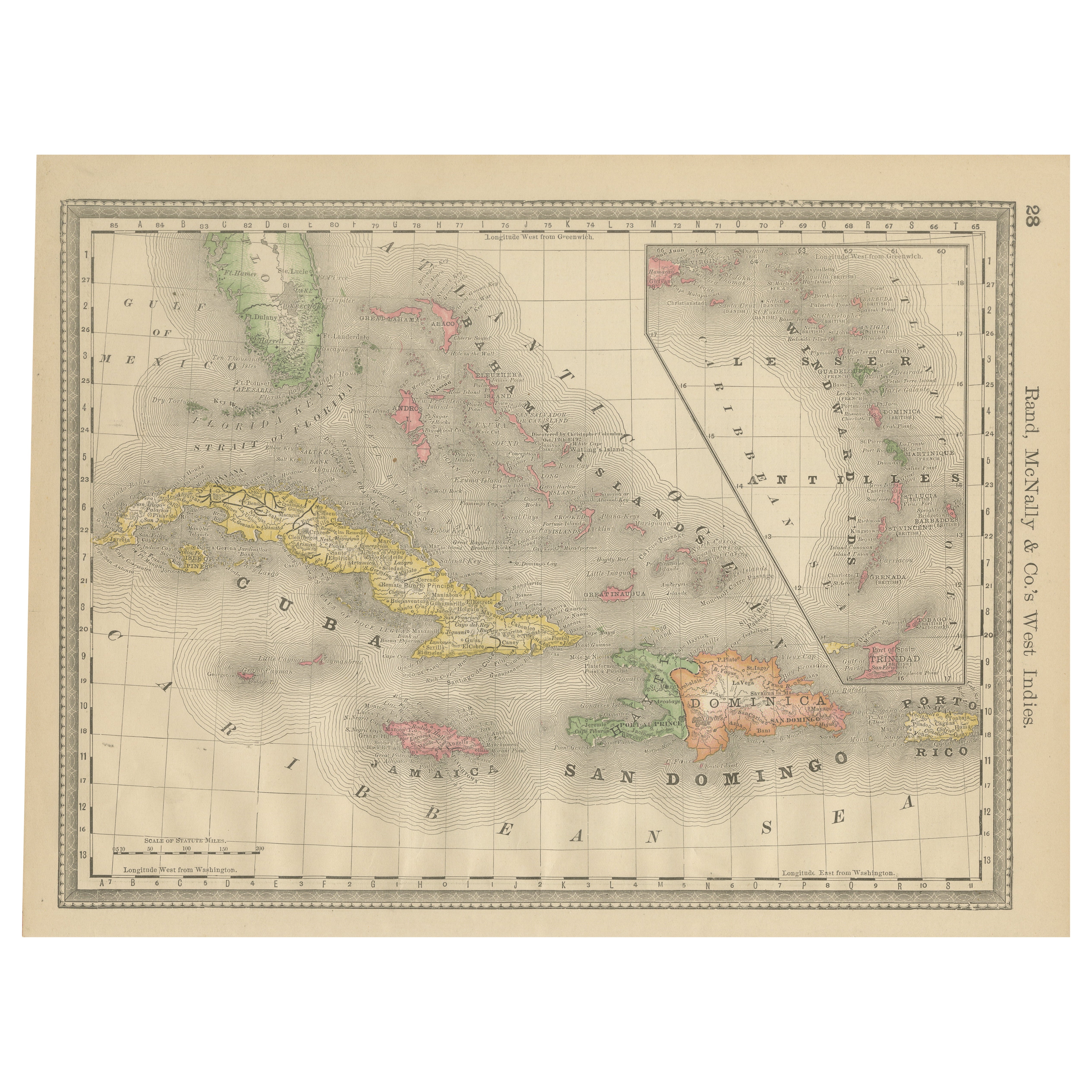 Carte murale ancienne des Caraïbes - Cuba Jamaïque Hispaniola, Rand McNally, ca.1888 en vente