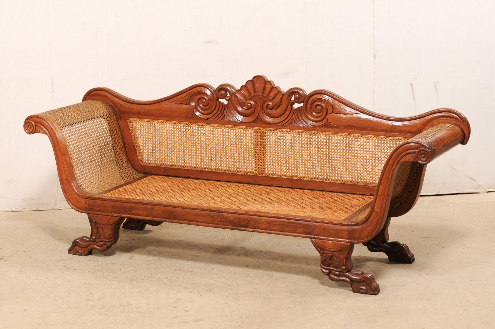 Antique Caribbean Regency Carved Wood and Hand Caned Sofa w/ Shell & Wave Crest For Sale 3