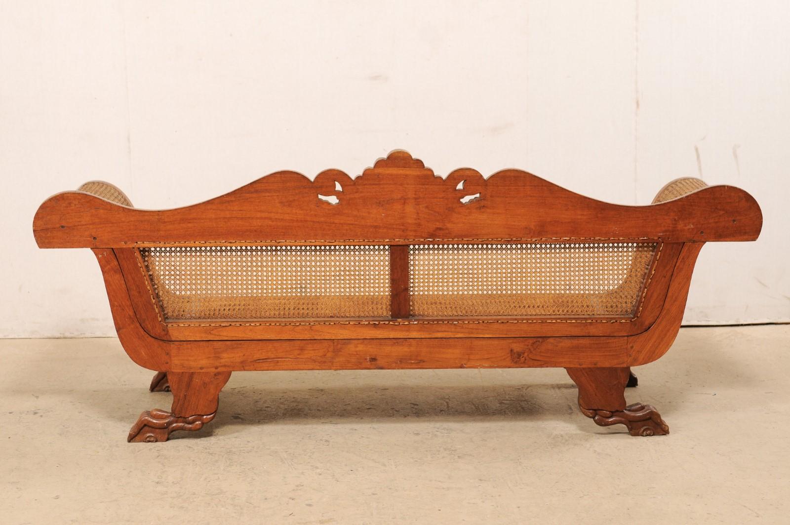 Antique Caribbean Regency Carved Wood and Hand Caned Sofa w/ Shell & Wave Crest For Sale 1