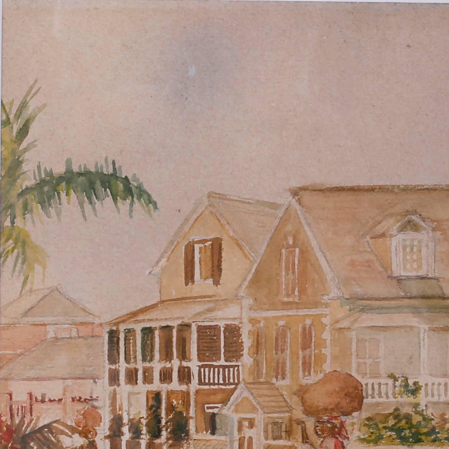 aquarelle des Antilles tropicales sur papier, datant du 19e siècle, représentant un moment de la vie quotidienne
temps dans une rue tranquille avec des maisons, des palmiers, des fleurs et un
femme portant un baluchon sur sa tête. Peut-être les