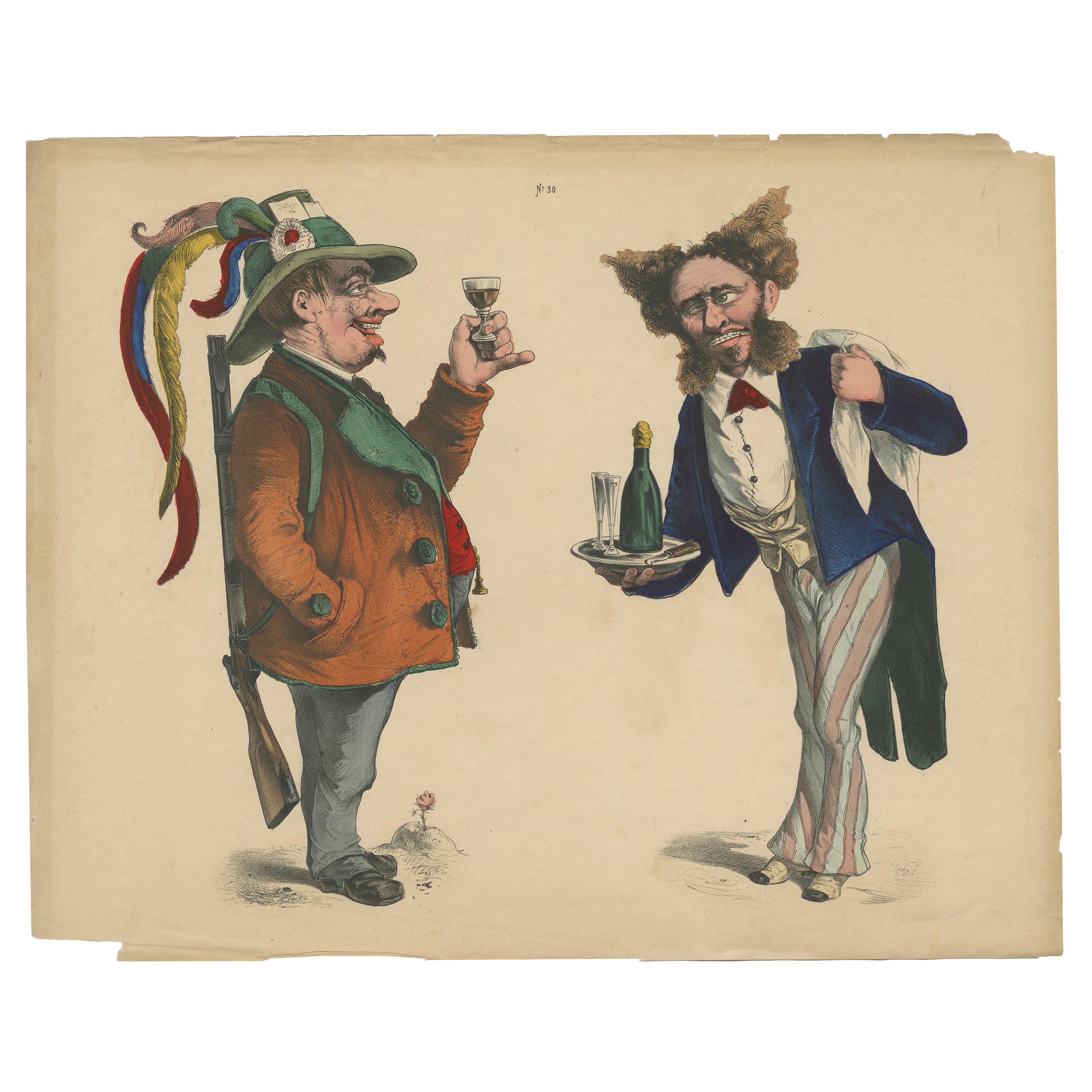 Antique Caricature Print of a Hunter and Waiter 'c.1860' For Sale