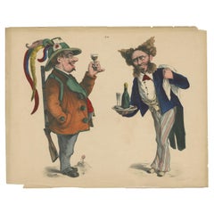 Antiker antiker Karikaturdruck eines Jägers und Kellners aus der Zeit um 1860