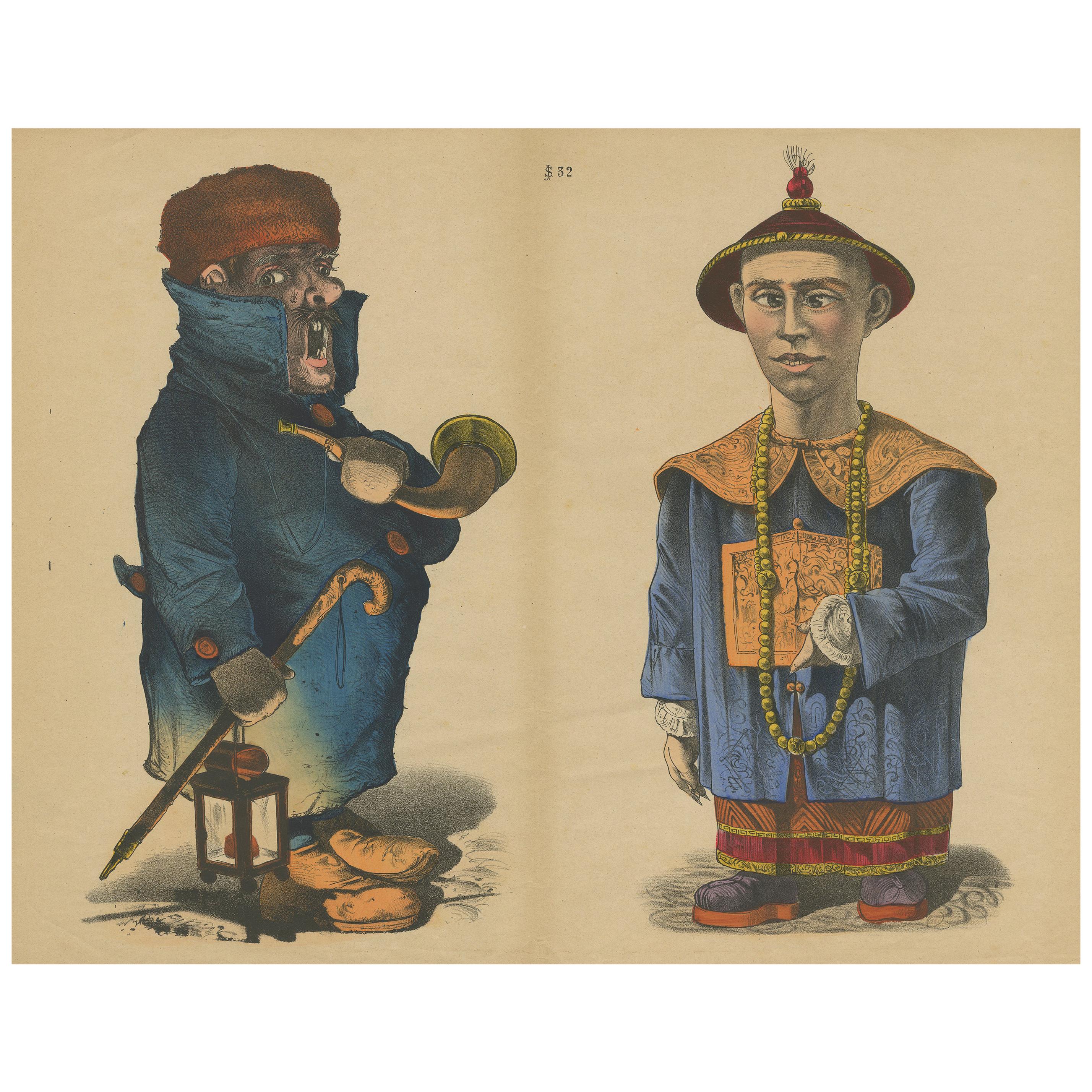 Antiker antiker Karikaturdruck eines Mannes mit Horn und asiatischer Ureinwohner, um 1860