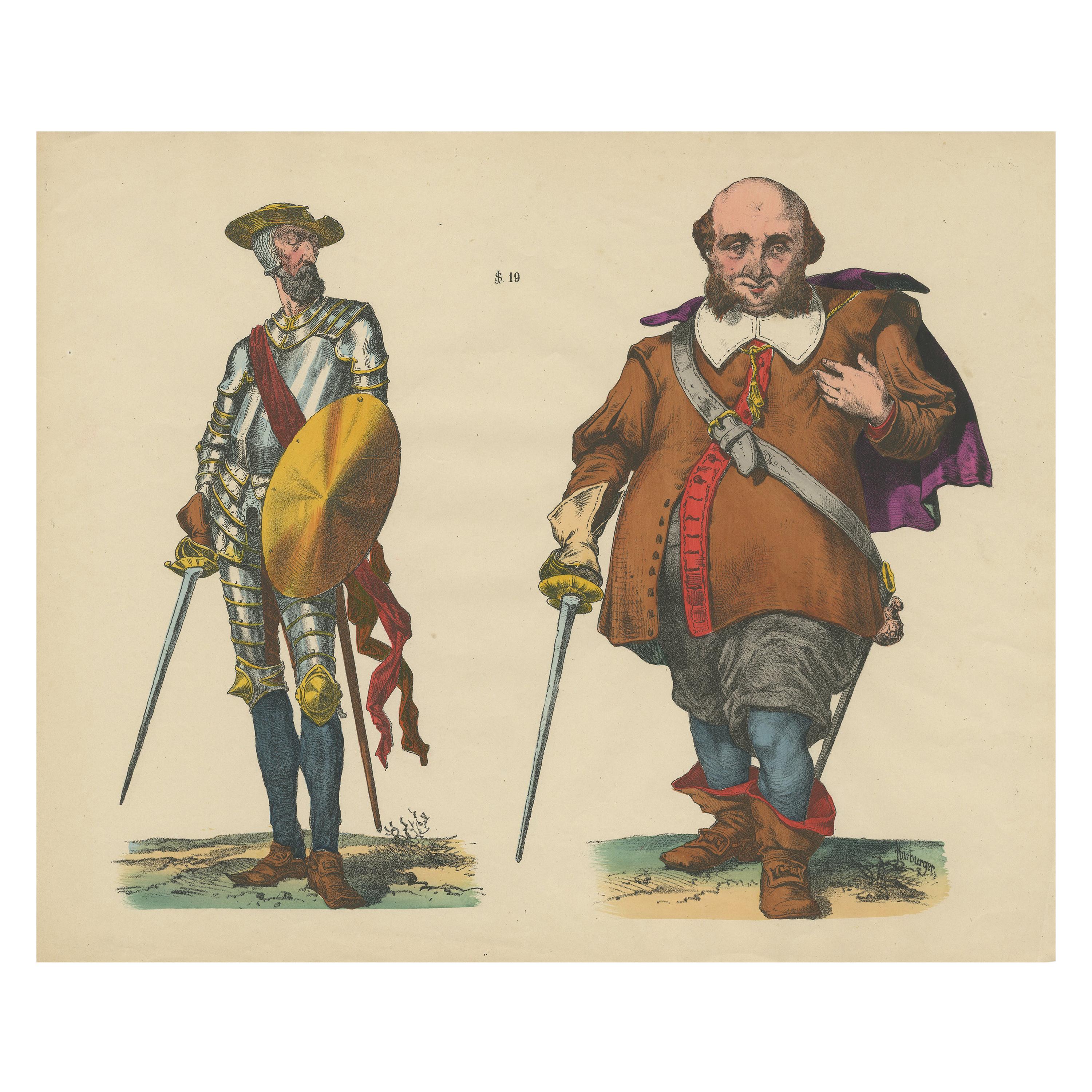 Antiker antiker Karikaturdruck von Don Quixote und Sancho Panza, um 1860