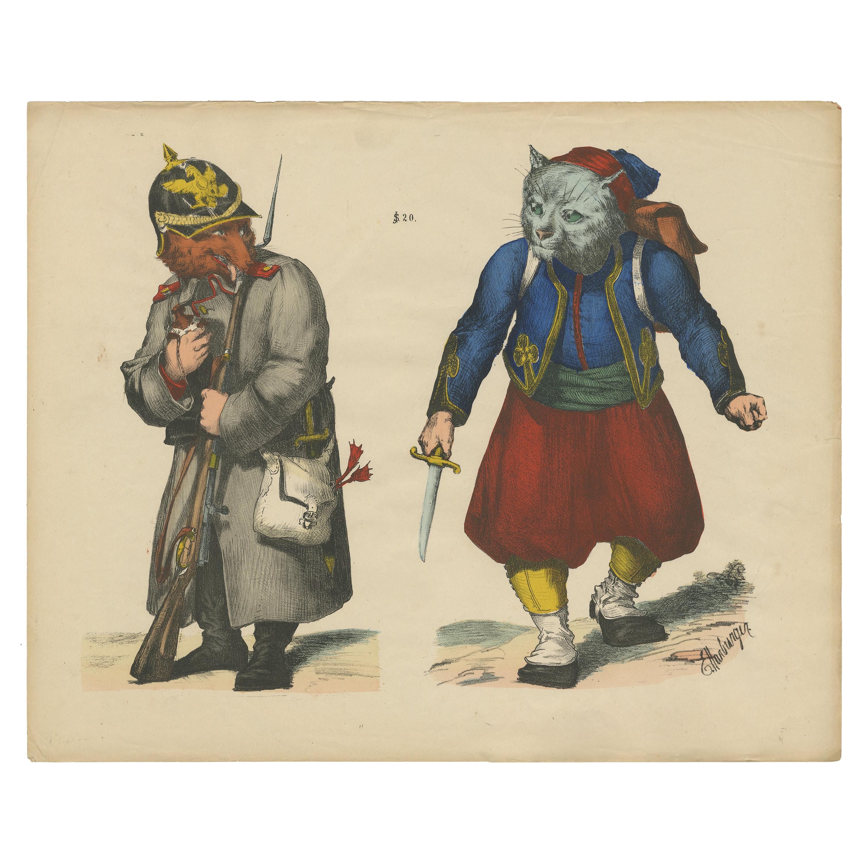 Antique Caricature Print of Reynard the Fox and a Papal Zouave Cat 'c.1860'