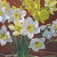 Antique Carl Lawless Oil On Canvas Still Life Painting Of Daffodils c1930