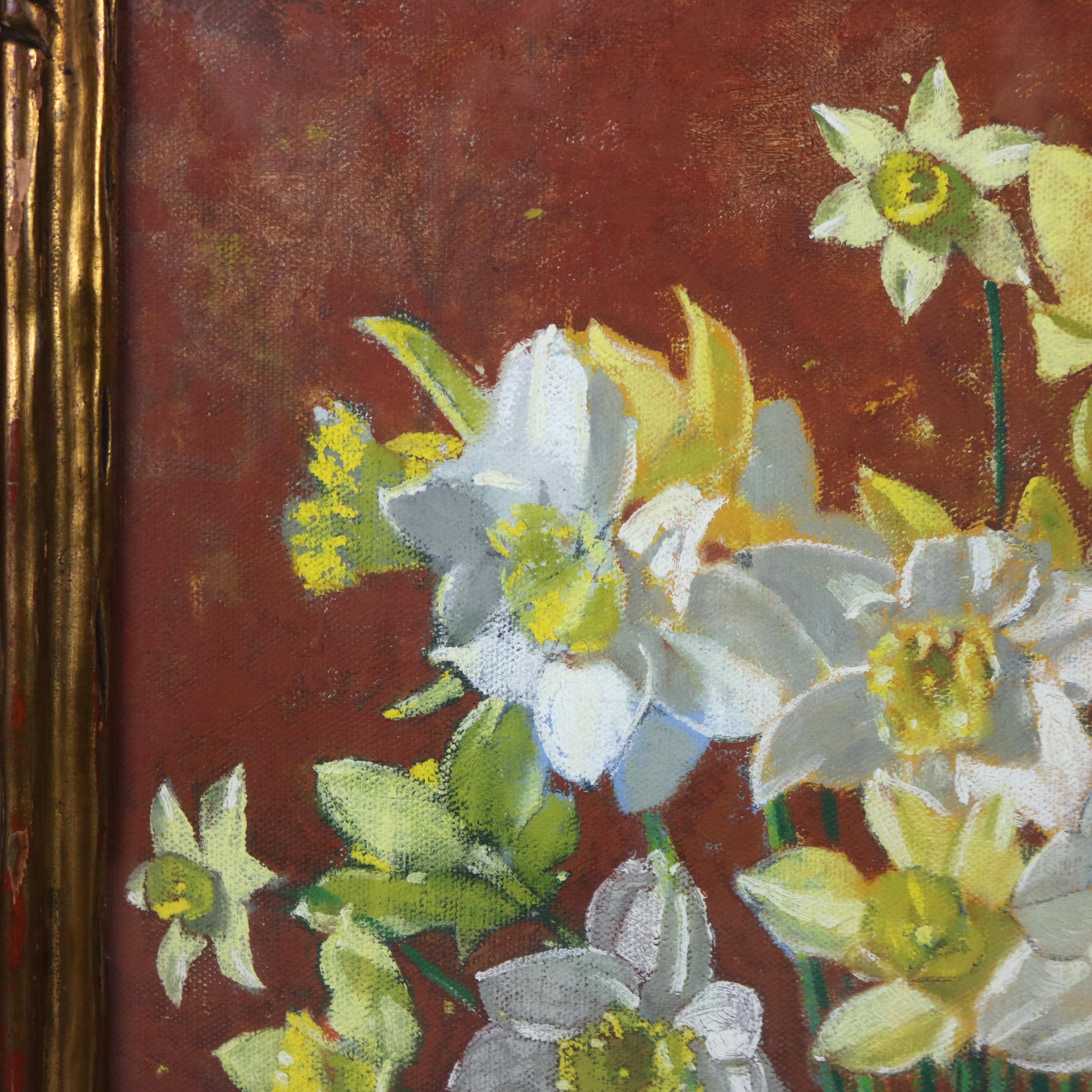 Antique Carl Lawless Oil On Canvas Still Life Painting Of Daffodils c1930 In Good Condition In Big Flats, NY