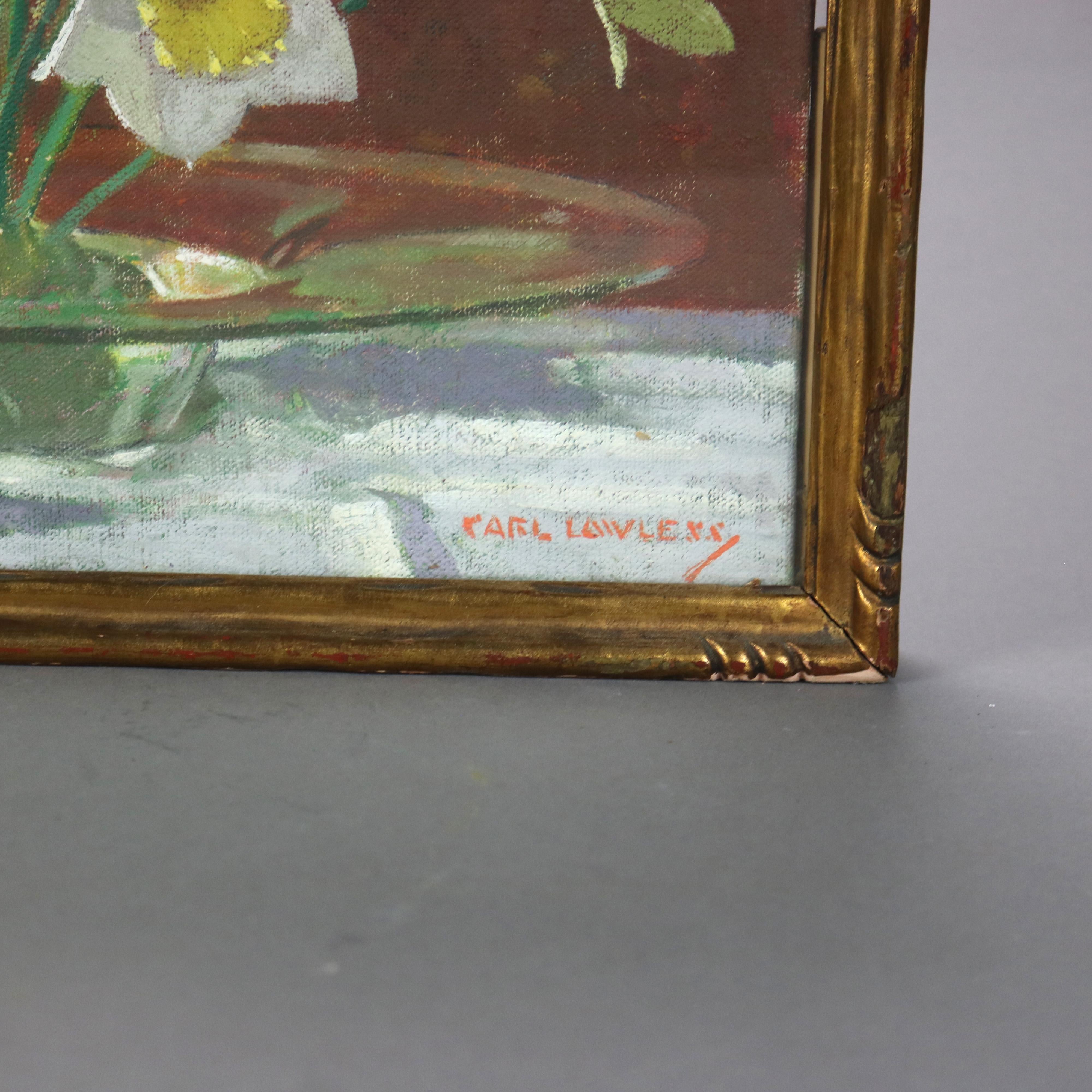 20th Century Antique Carl Lawless Oil On Canvas Still Life Painting Of Daffodils c1930