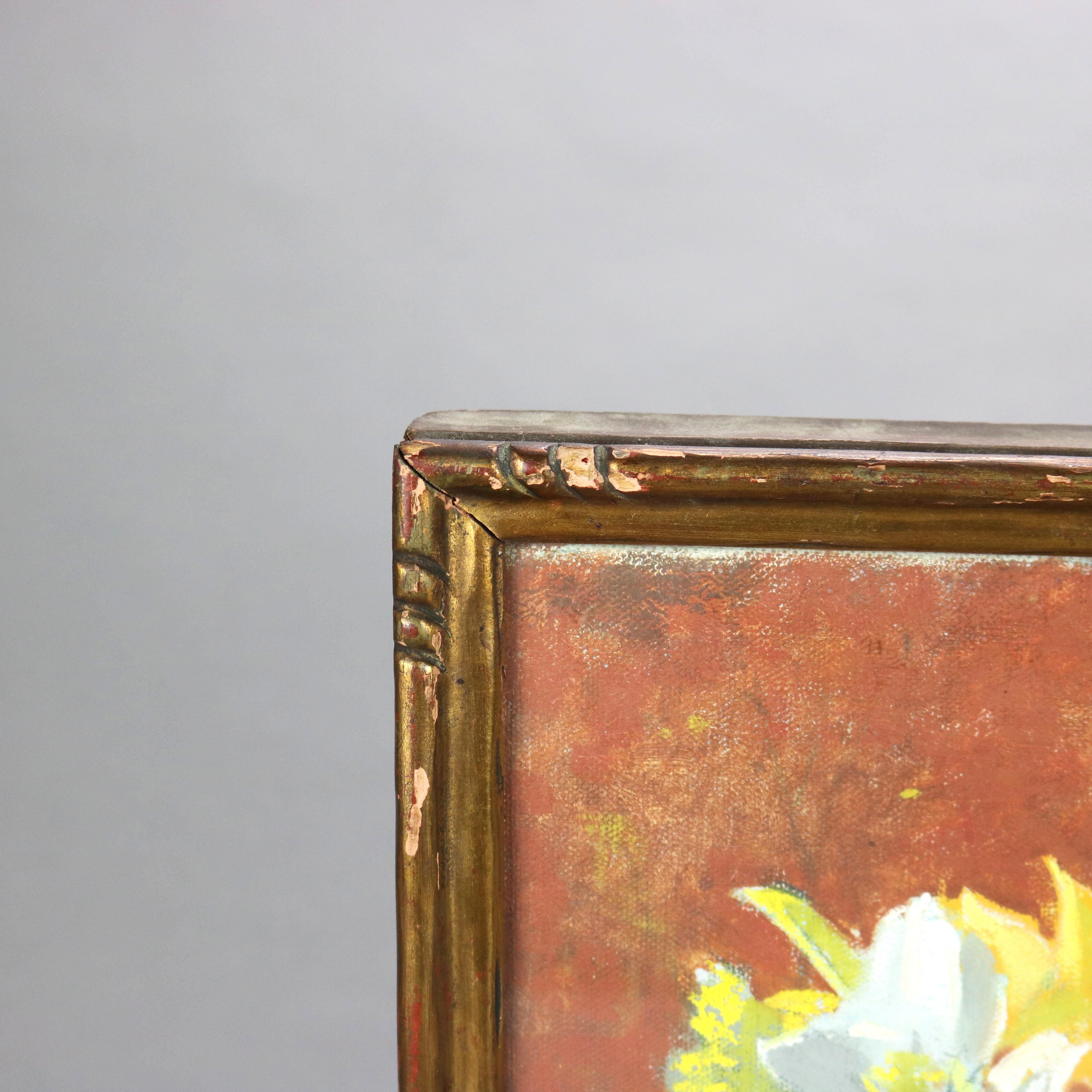 Antique Carl Lawless Oil On Canvas Still Life Painting Of Daffodils c1930 1