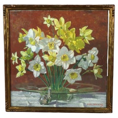 Antique Carl Lawless Oil On Canvas Still Life Painting Of Daffodils c1930
