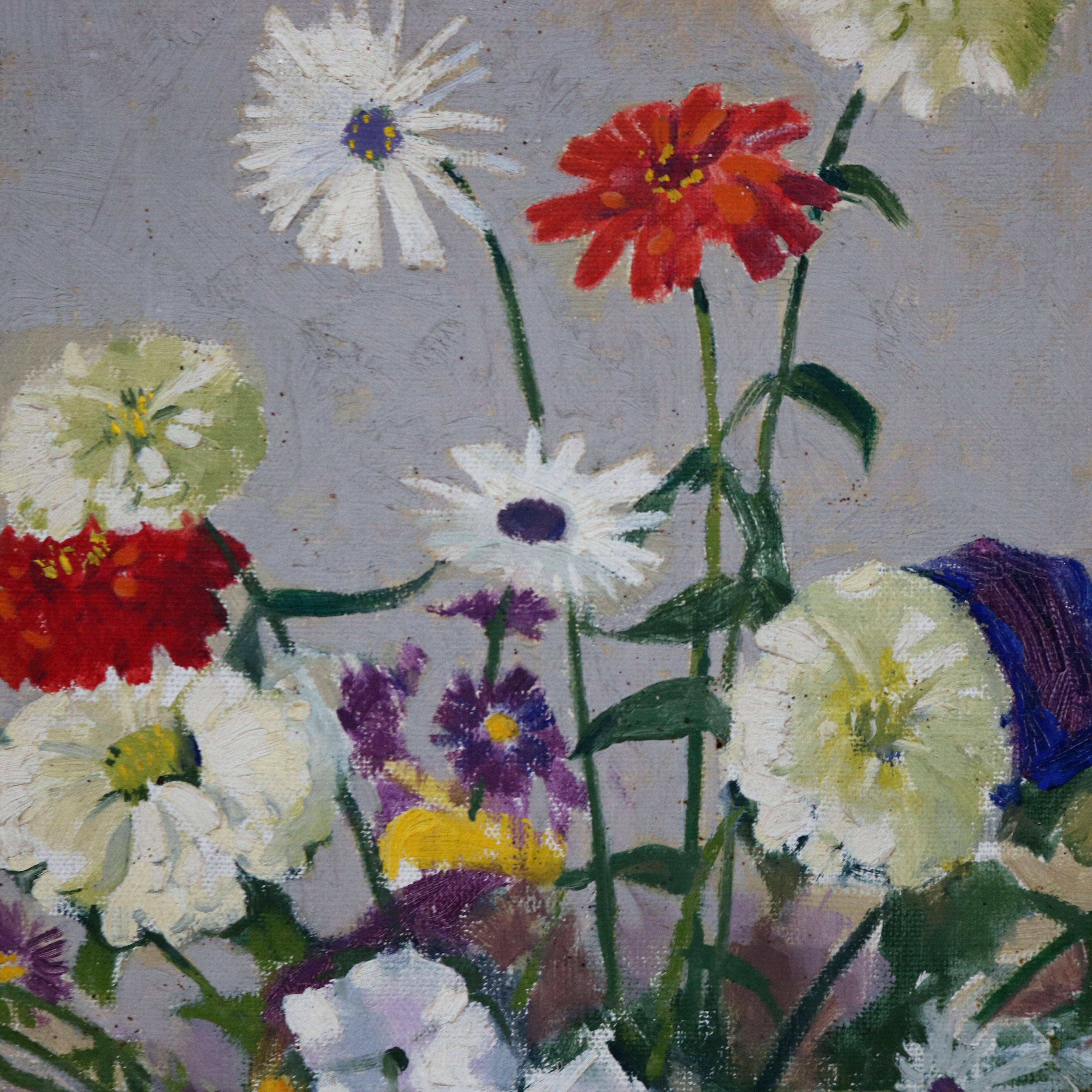 Antique Carl Lawless Oil On Canvas Still Life Painting Of Garden Flowers. Framed and signed in lower right corner, C1930.

Measures - 24.25
