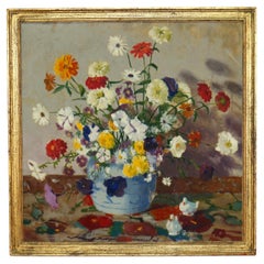 Antique Carl Lawless Oil On Canvas Still Life Painting Of Flowers C1930