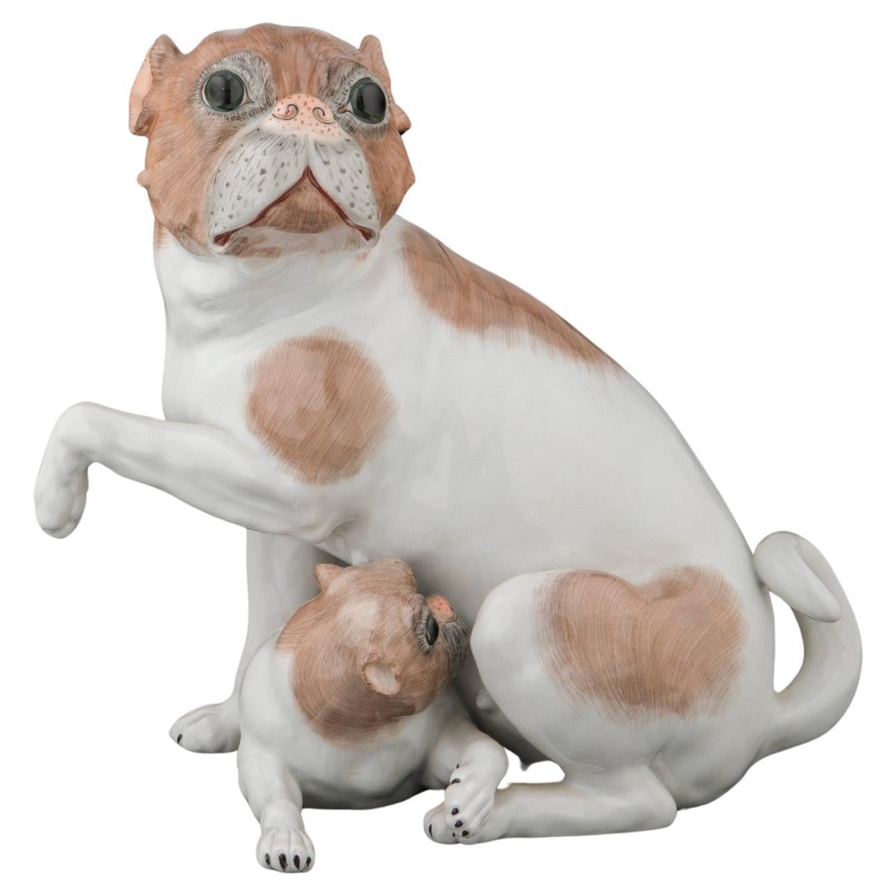 Antiquités Carl Thieme Dresden Porcelain Figural Pug Dogs