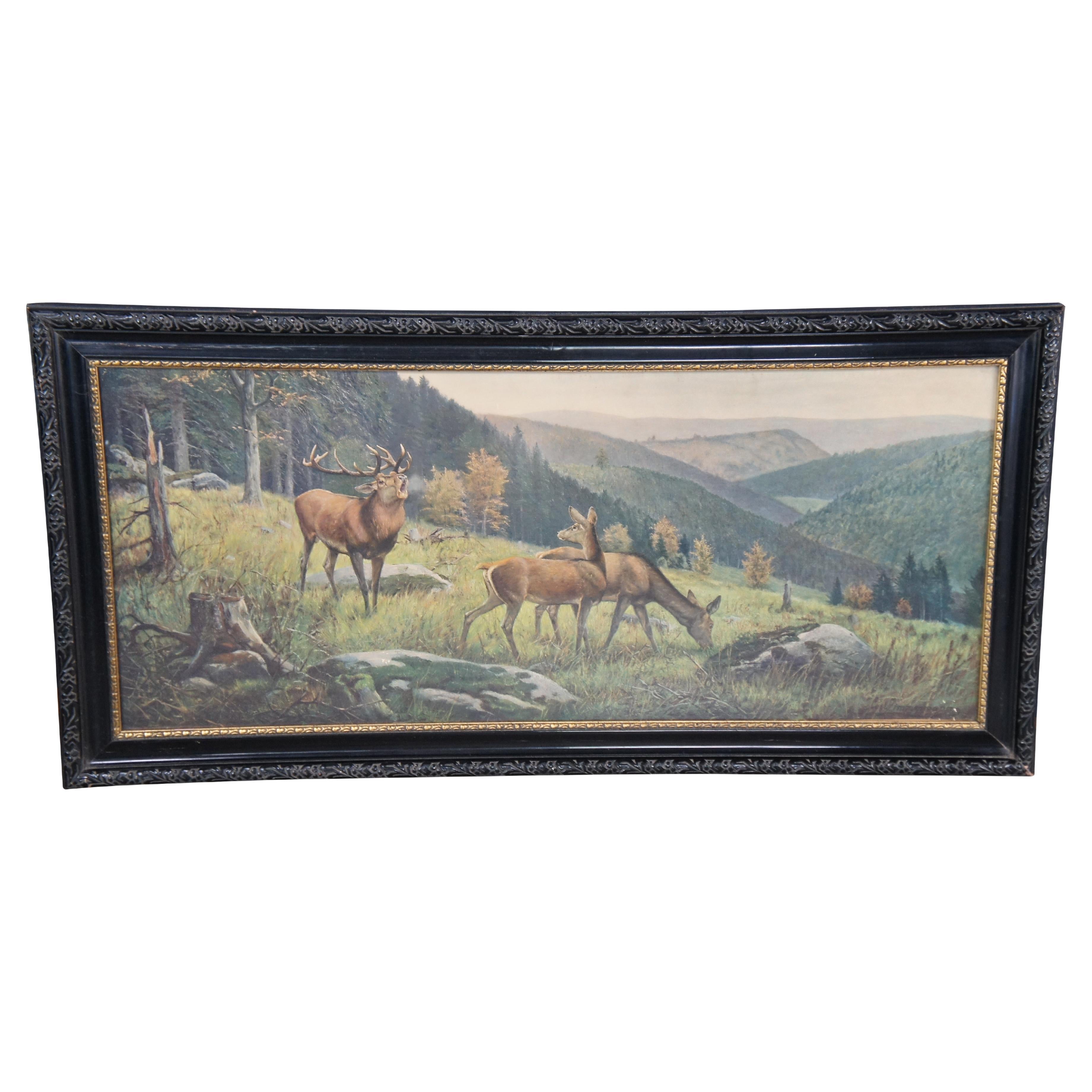 Antike Carl Zimmermann Deutsch Elchjagd Landschaft drucken geschnitzt gerahmt 53"