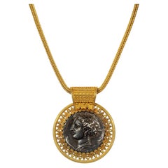 Antique Carlo Giuliano gold and silver Etruscan Revival decadrachm coin necklace