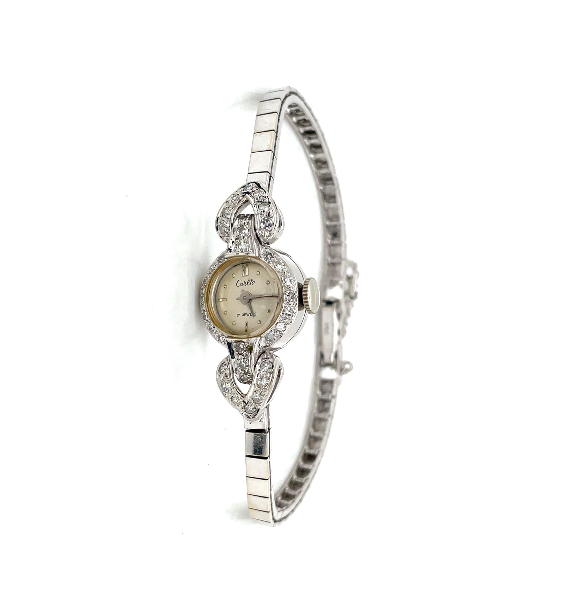 Antique Carlto Diamond 14 Karat White Gold Bracelet Dress Wrist Watch In Good Condition For Sale In Mount Kisco, NY