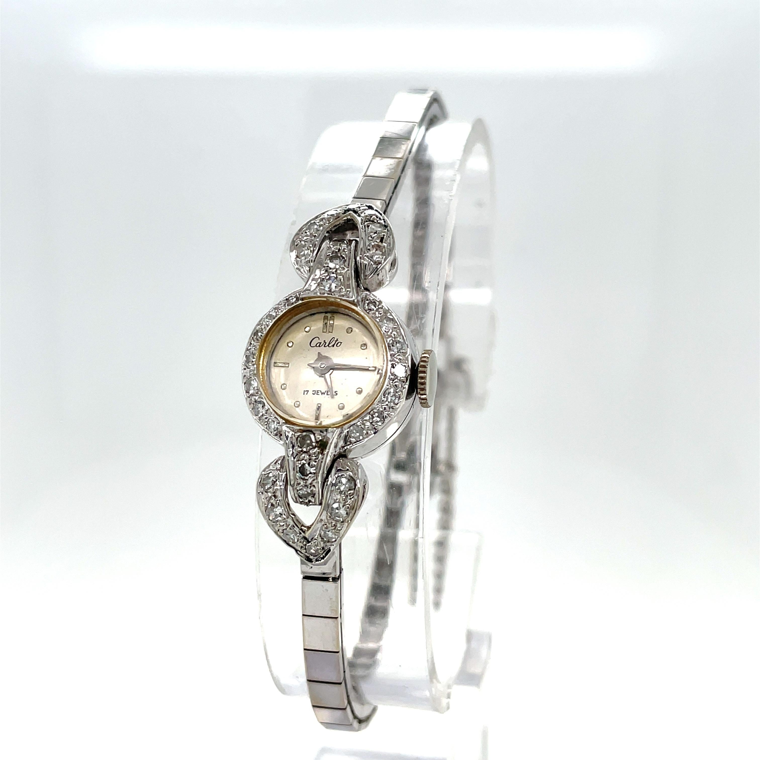 Women's Antique Carlto Diamond 14 Karat White Gold Bracelet Dress Wrist Watch For Sale