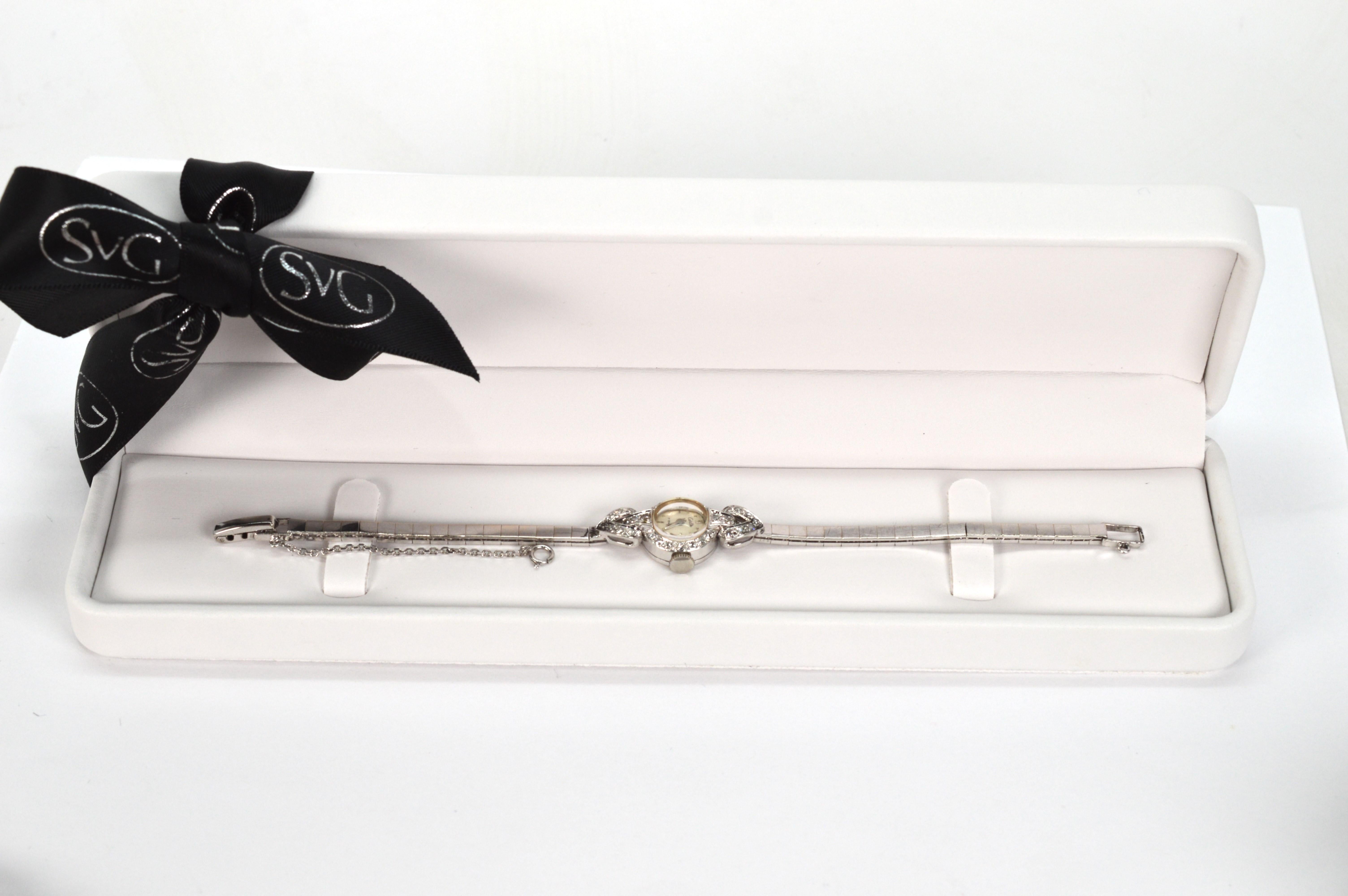 Antique Carlto Diamond 14 Karat White Gold Bracelet Dress Wrist Watch For Sale 1
