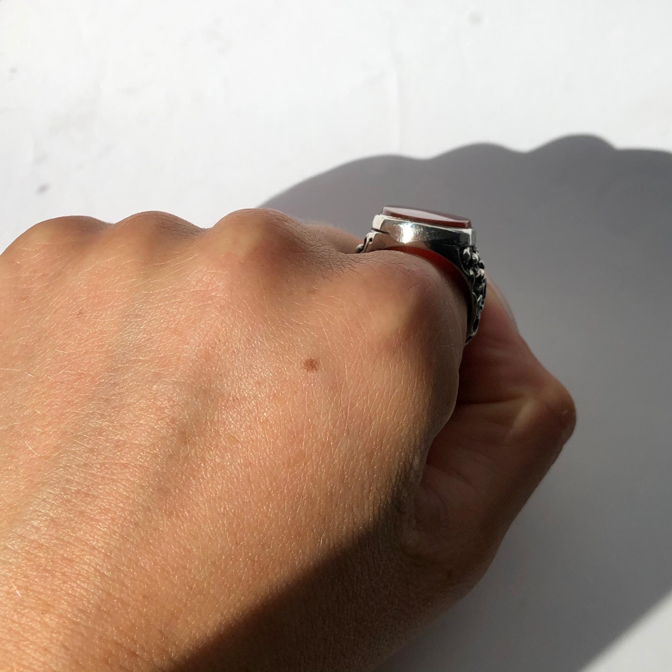 Oval Cut Antique Carnelian and Silver Signet Ring