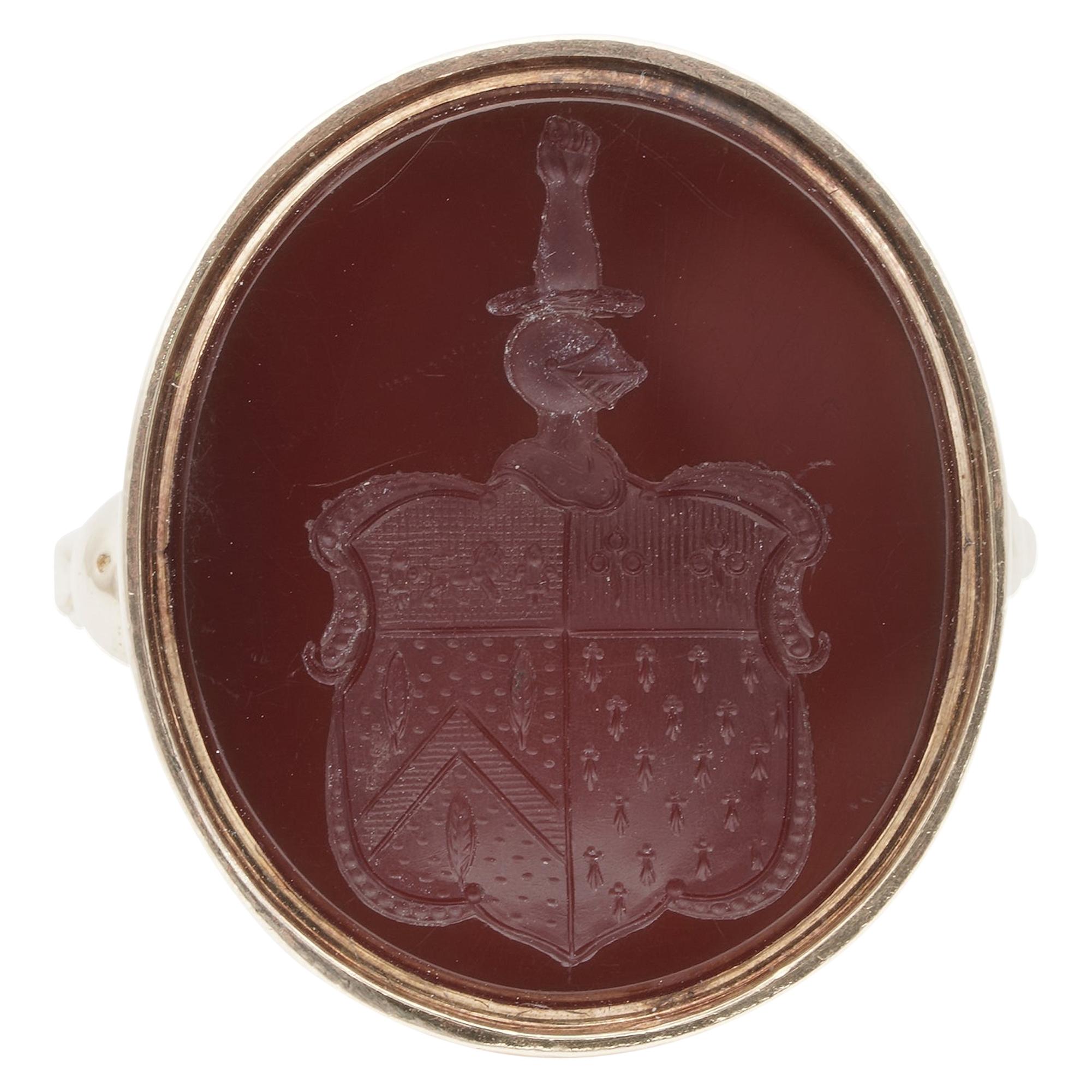 Antique Carnelian Coat of Arms Intaglio Seal Ring English 1868 Marks 18 Karat For Sale
