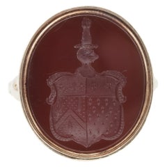 Antique Carnelian Coat of Arms Intaglio Seal Ring English 1868 Marks 18 Karat
