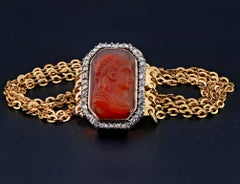 Antique Carnelian Diamond Cameo Bracelet 18 Kt Gold