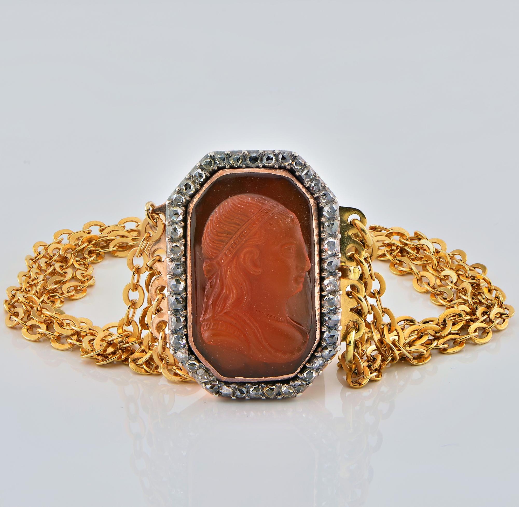 Late Victorian Antique Carnelian Diamond Cameo Bracelet 18 Kt Gold  For Sale