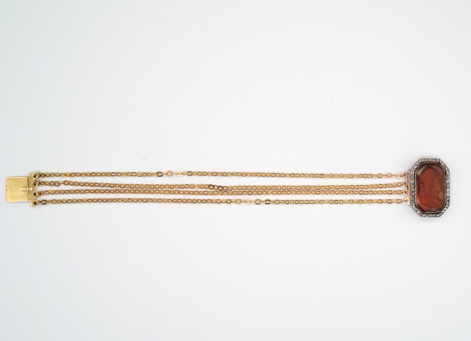 Women's Antique Carnelian Diamond Cameo Bracelet 18 Kt Gold  For Sale