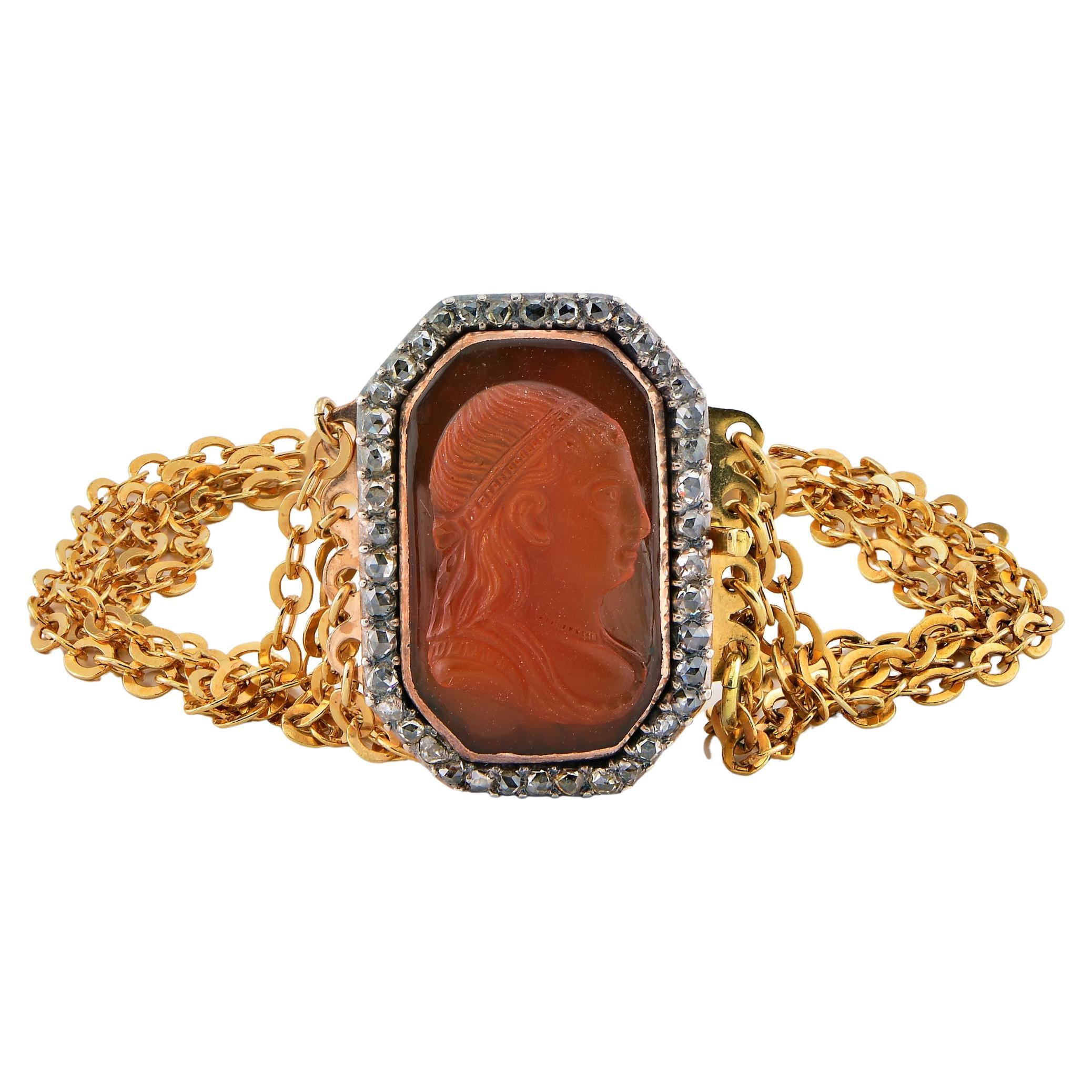 Antique Carnelian Diamond Cameo Bracelet 18 Kt Gold  For Sale