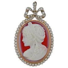 Antique Carnelian Diamond Cameo Gold Pendant