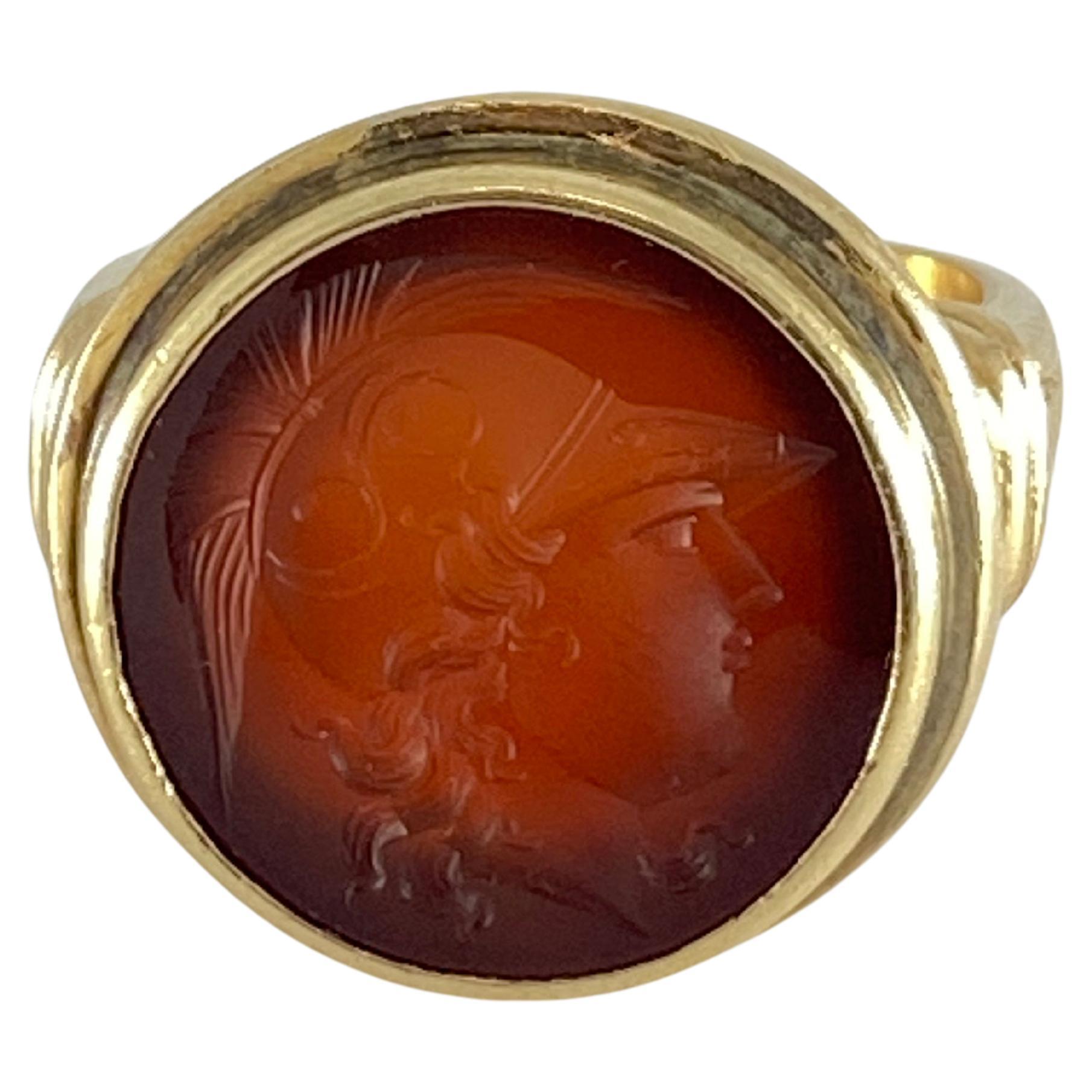 Mixed Cut Antique Carnelian Intaglio 14k Gold Signet Ring For Sale