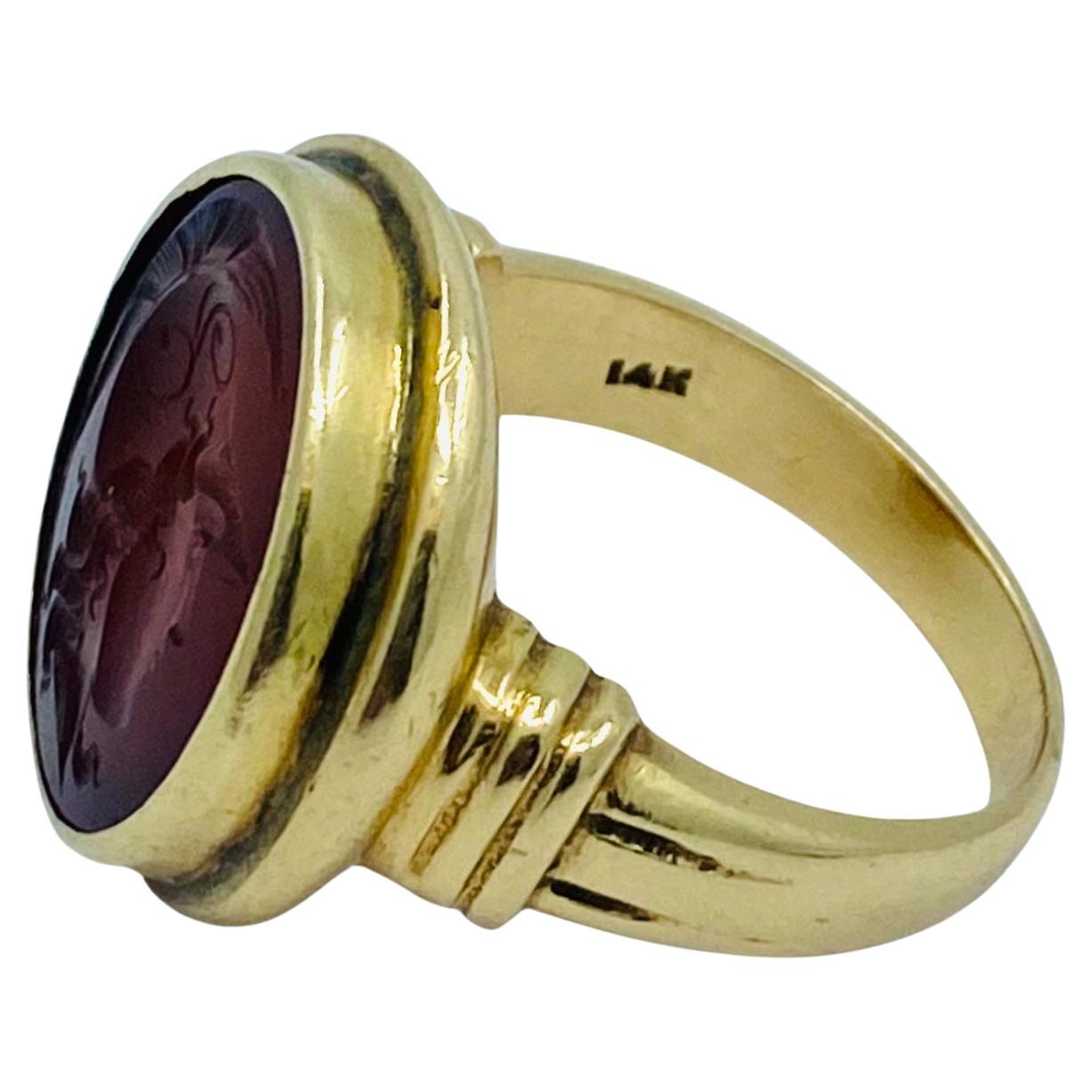 Women's or Men's Antique Carnelian Intaglio 14k Gold Signet Ring For Sale