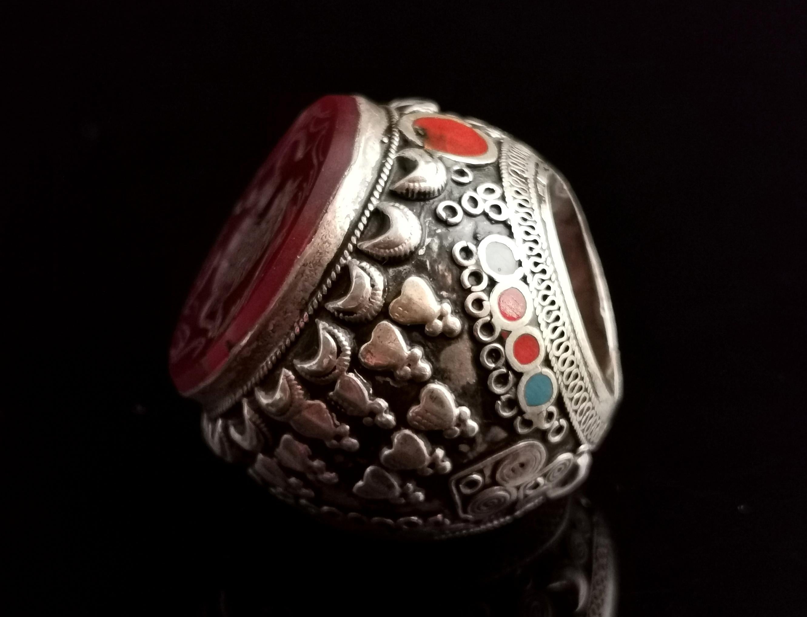 Medieval Antique Carnelian Intaglio Ring, Silver, Middle Eastern